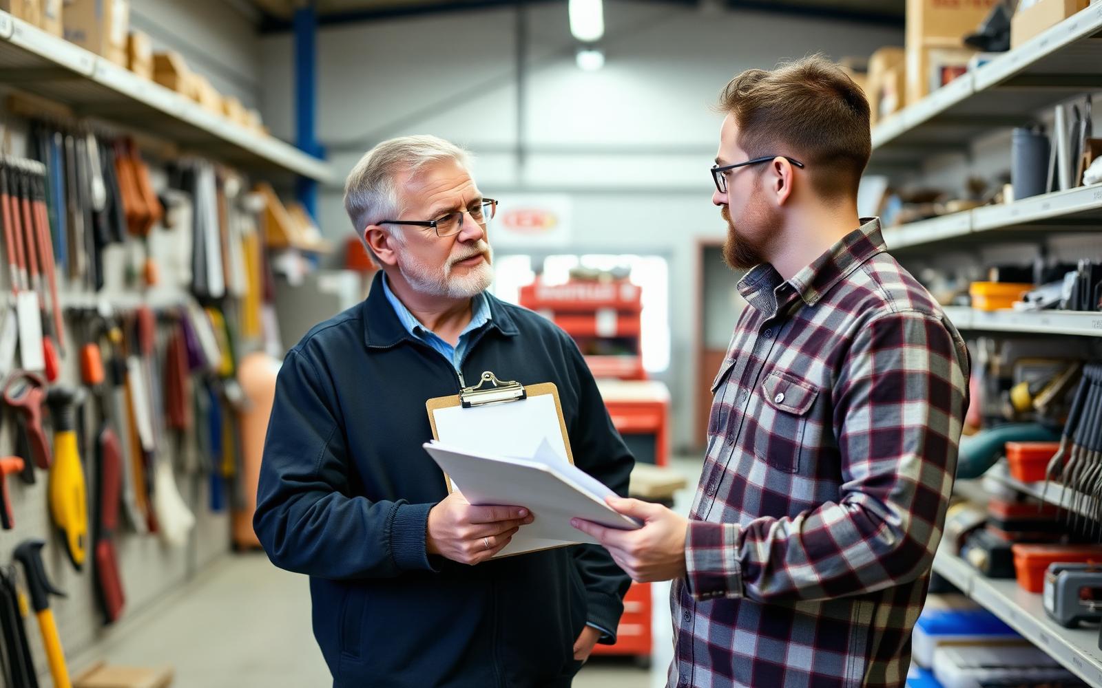Product researcher taking notes on a clipboard while talking with a tradesperson in a tool aisle