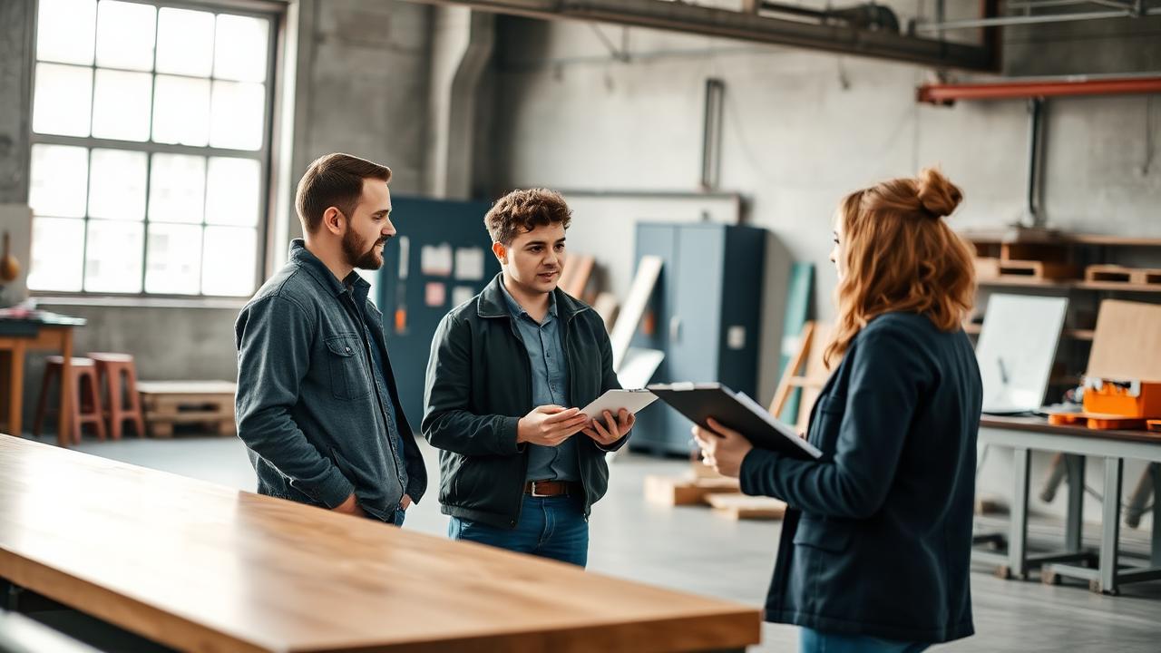 Product team interviewing a customer while holding an early hardware prototype in a workshop