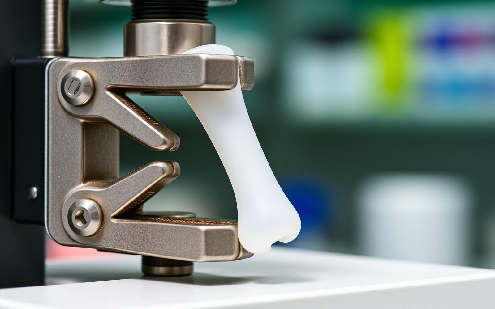 Plastic dogbone tensile specimen clamped in the grips of a universal testing machine