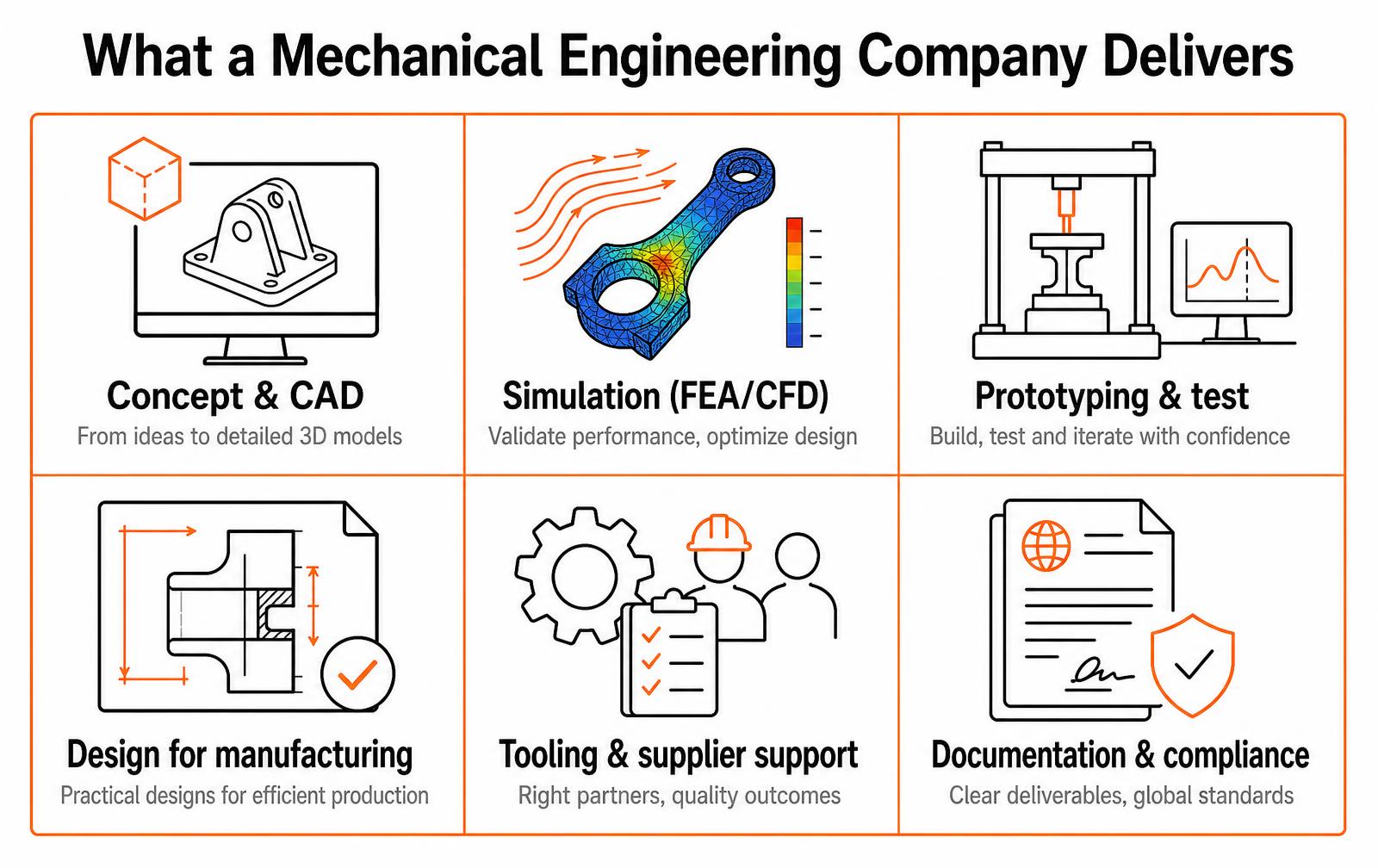 Six services a mechanical engineering company delivers: concept and CAD, simulation with FEA and CFD, prototyping and test, design for manufacturing, tooling and supplier support, documentation and compliance