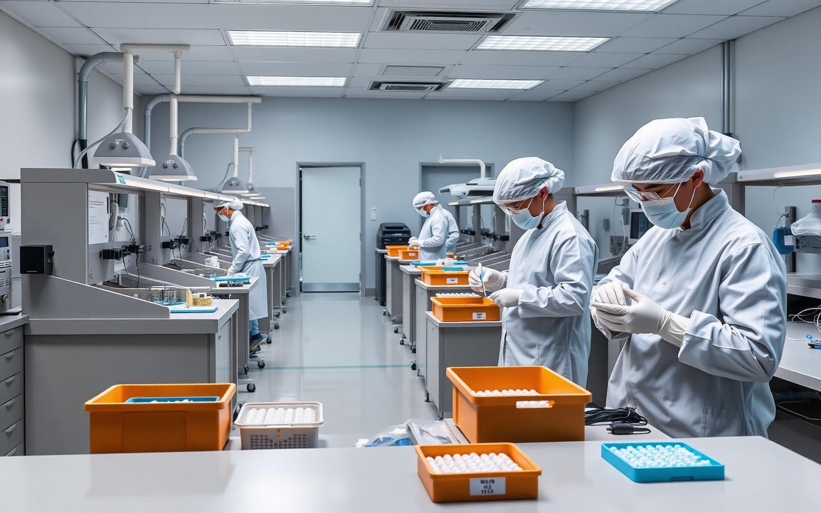 Gowned operators assembling disposable medical devices at cleanroom benches in a contract manufacturing facility