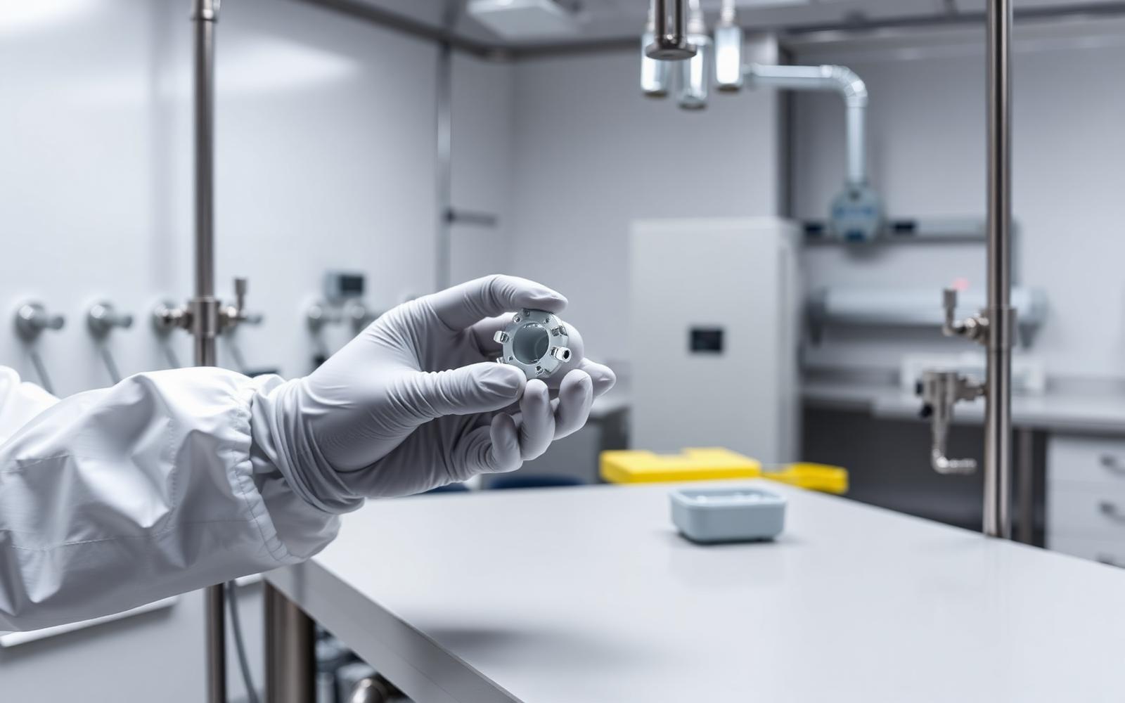 Gloved technician holding a small polymer medical device housing at a stainless cleanroom assembly bench