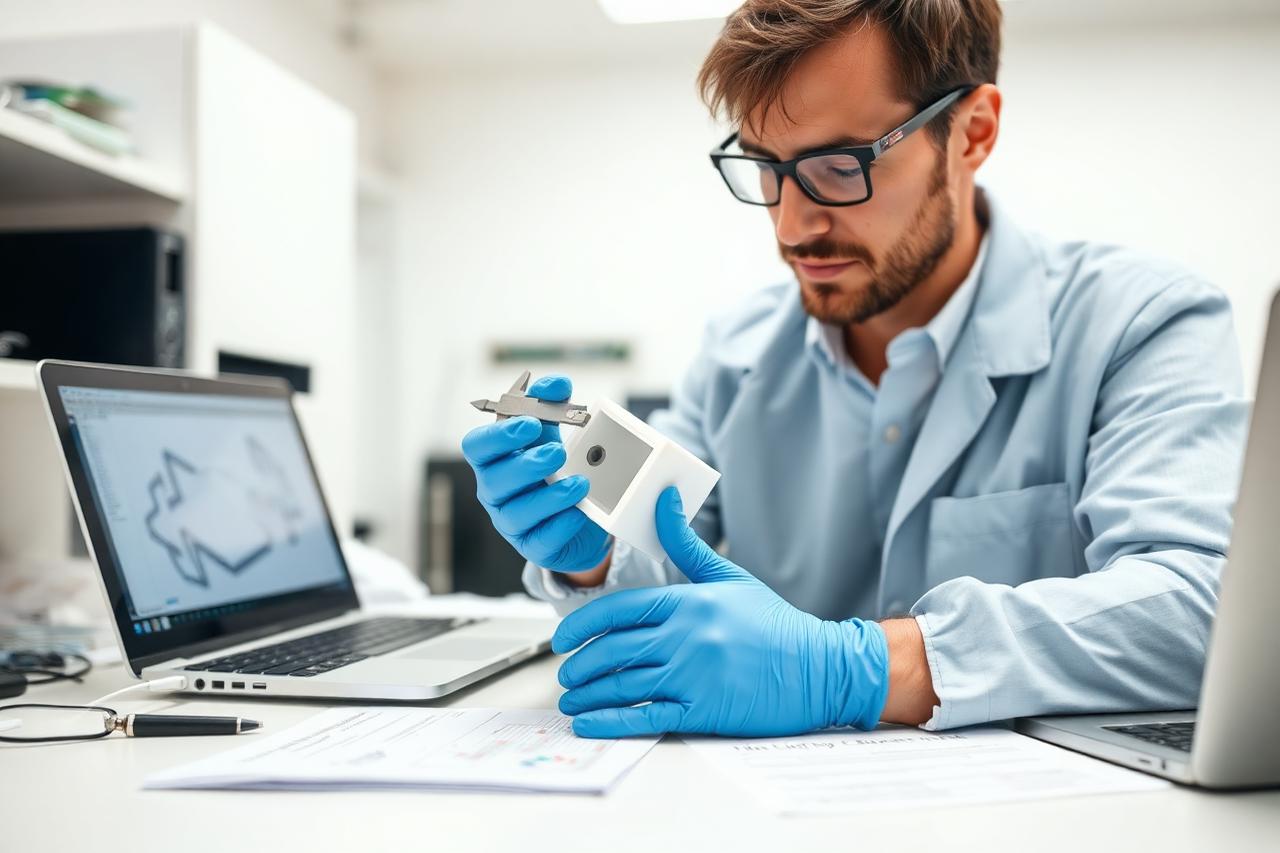 Engineer in gloves measuring a Class I medical device housing with calipers beside design control paperwork and a CAD model