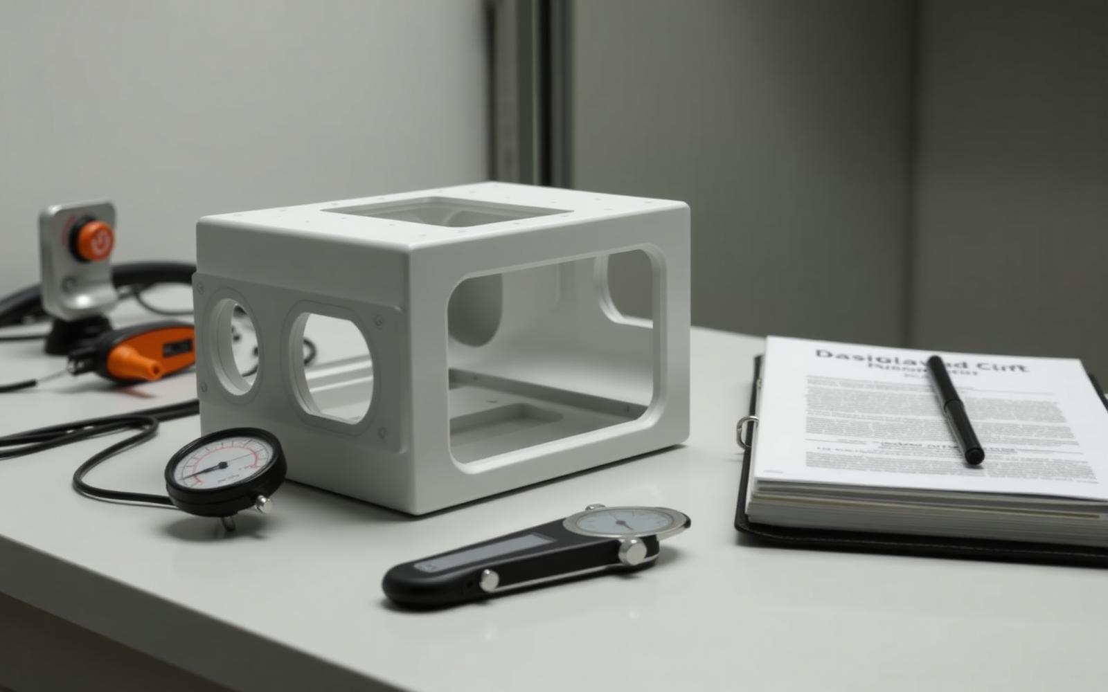 Medical device housing prototype undergoing verification testing with a force gauge and documentation binder