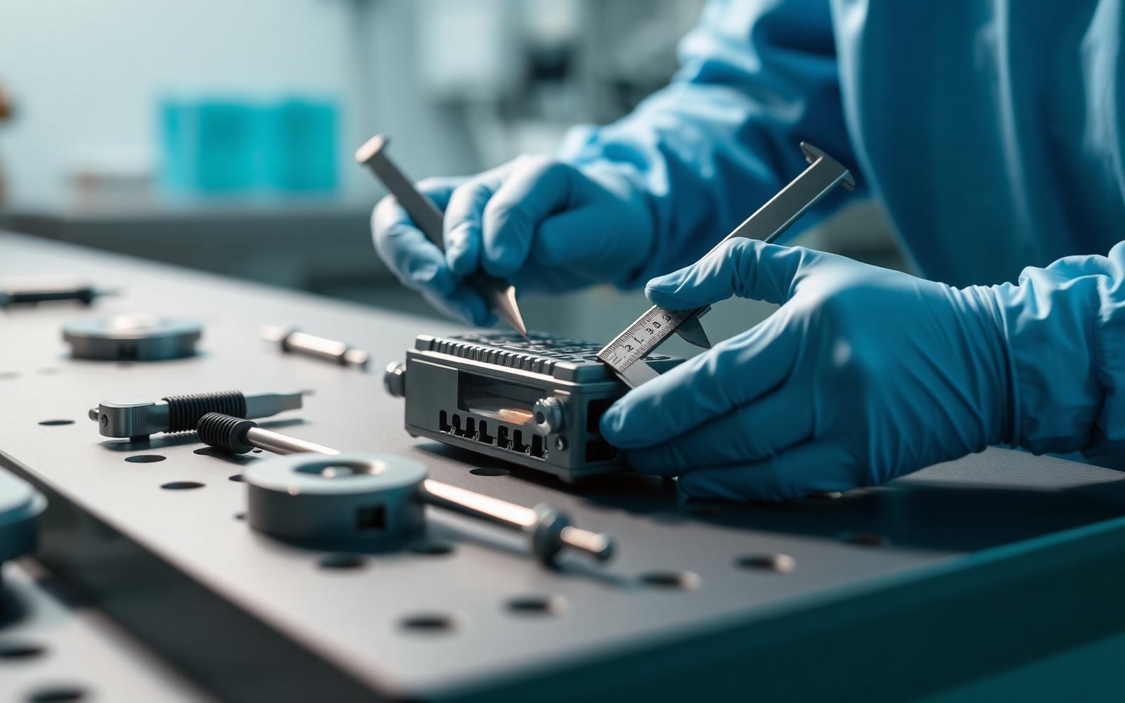 Gloved hands measuring a medical device prototype housing with calipers on a cleanroom bench