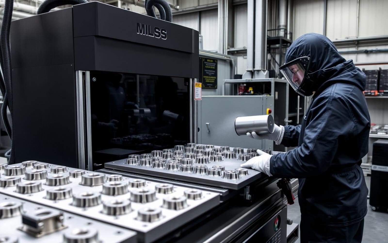 Operator in protective gear removing a build plate of printed steel parts from a metal laser powder bed fusion machine