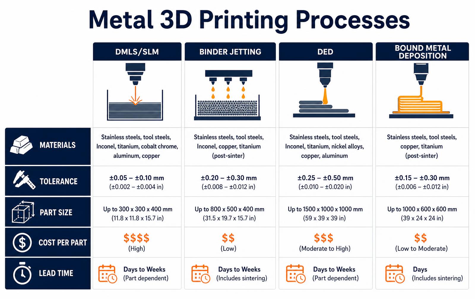 Metal 3D printing process comparison infographic showing DMLS/SLM, binder jetting, DED and bound metal deposition with materials, tolerance, part size, cost and lead time
