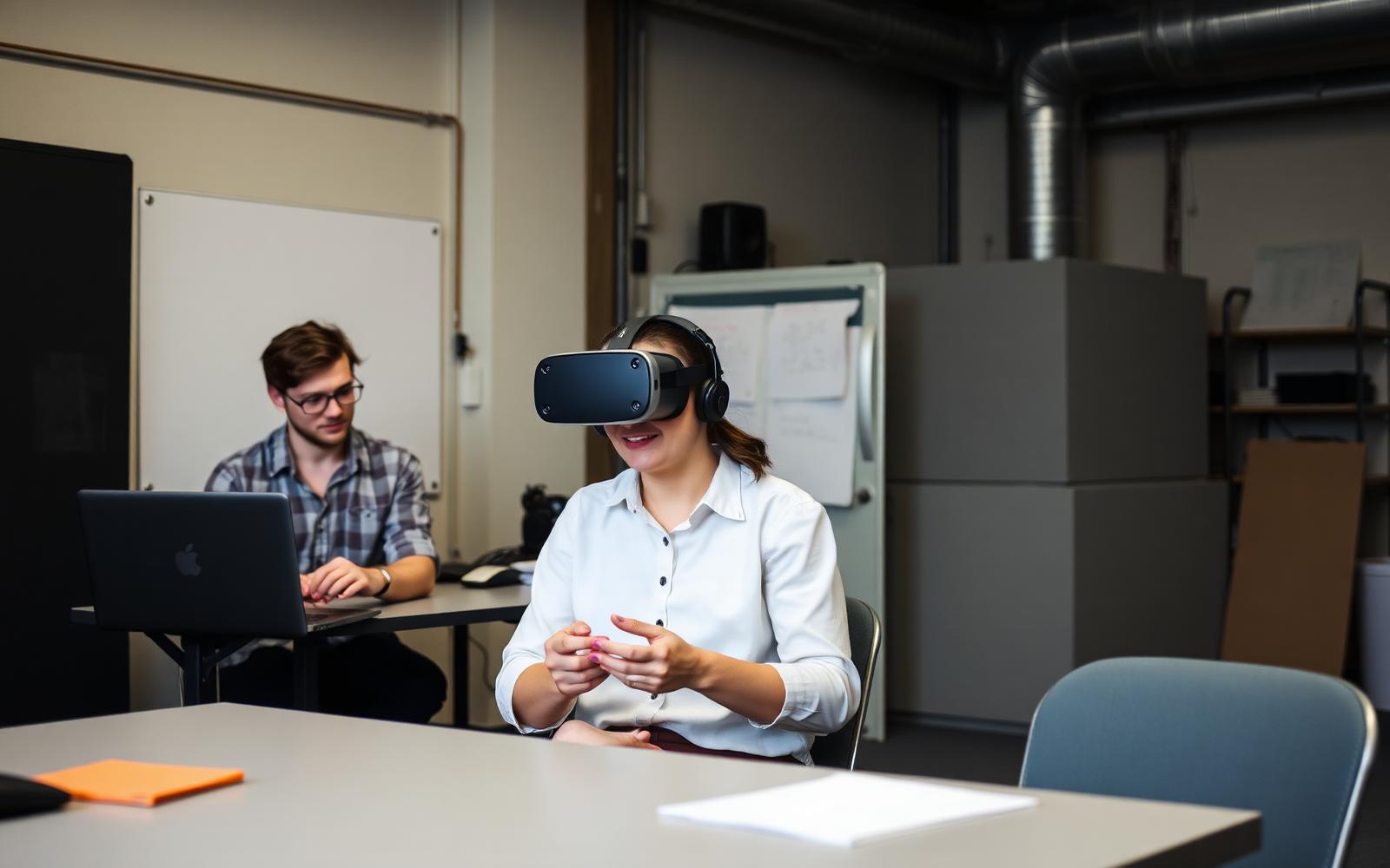 Participant testing a product concept in a mixed reality headset while a researcher records observations
