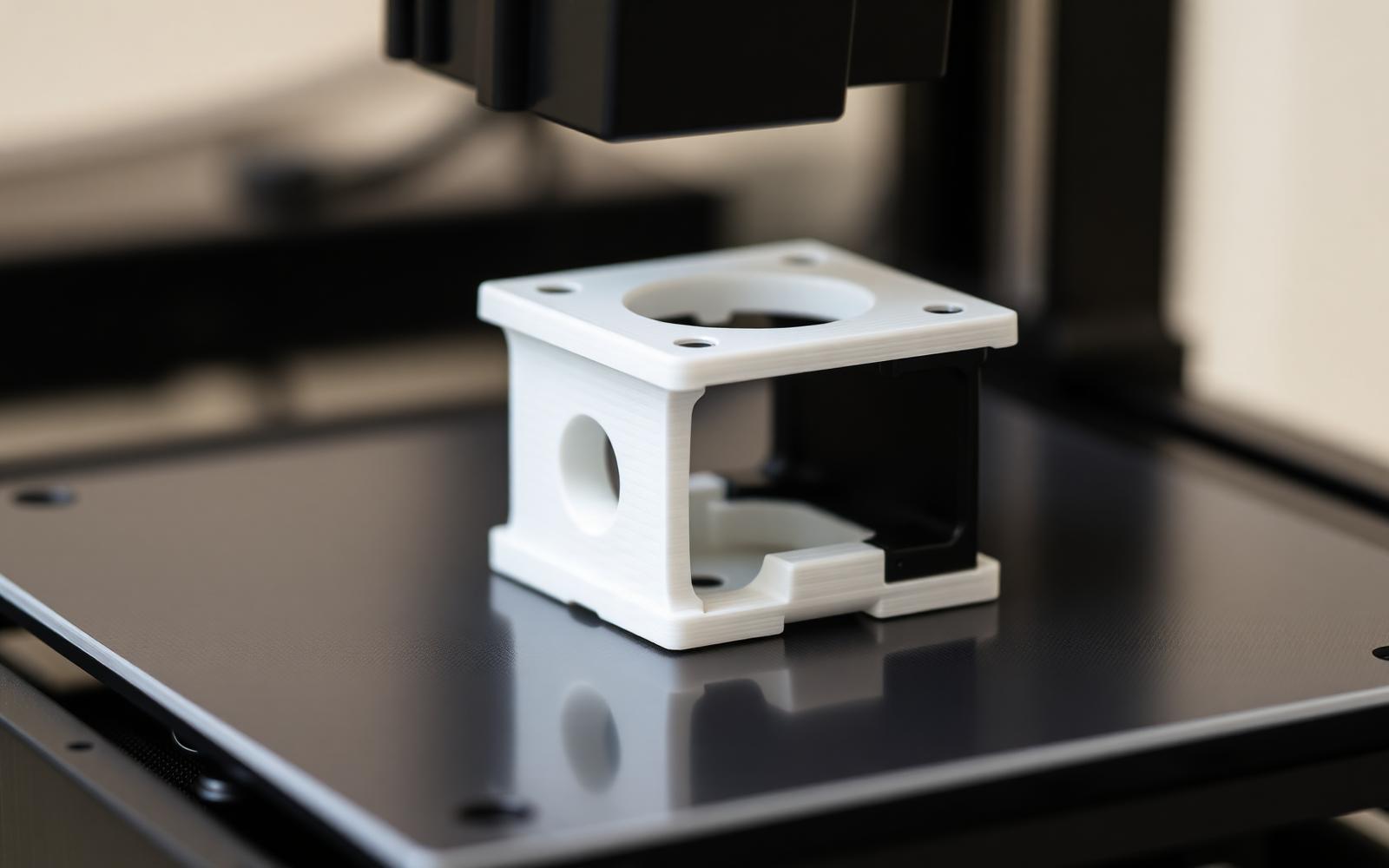 Multi-material 3D printed part combining rigid white plastic with black flexible sections on a printer build plate
