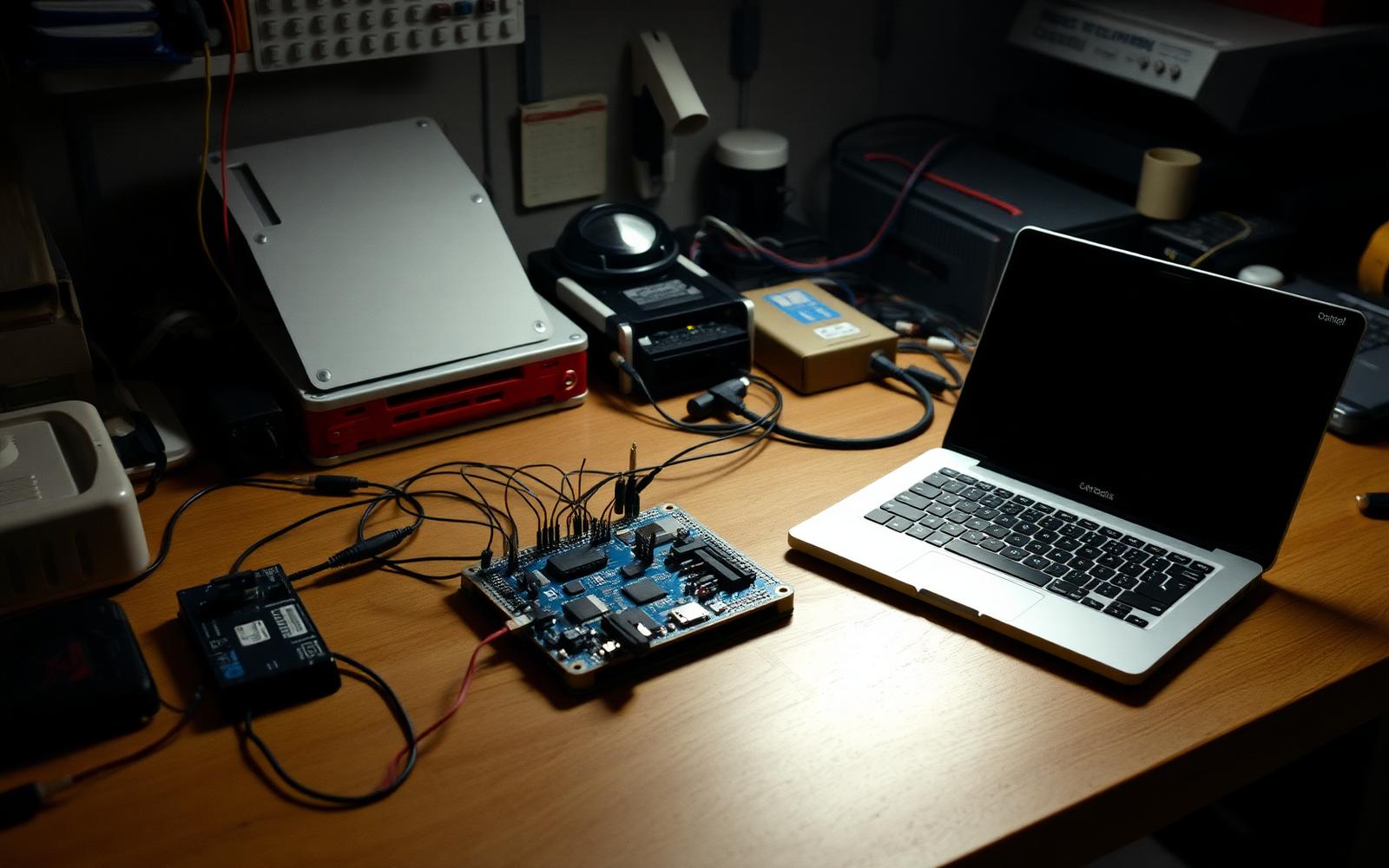 Breadboarded electronics prototype wired to a laptop beside a rough enclosure mockup on a startup workbench