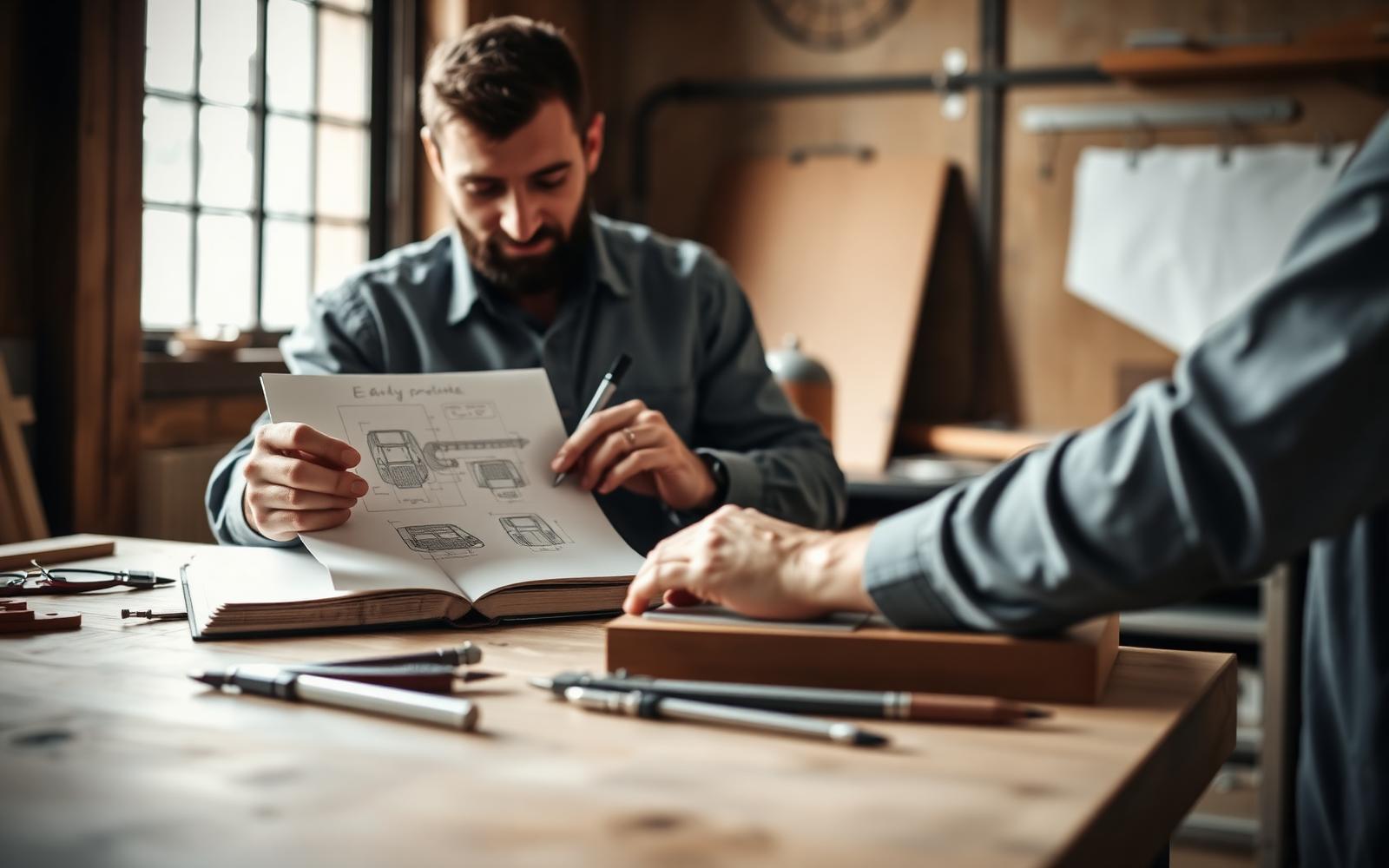 Founder sketching early product concepts in a notebook next to a rough foam model and calipers on a workbench