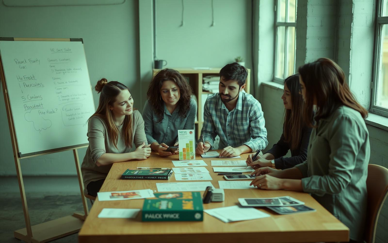 Marketing team planning a new product launch around a table with packaging samples and a whiteboard