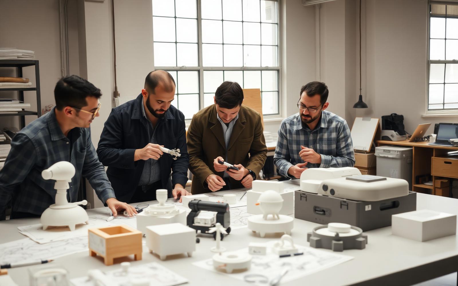 Product development team reviewing white foam models and prototypes on a studio table with sketches