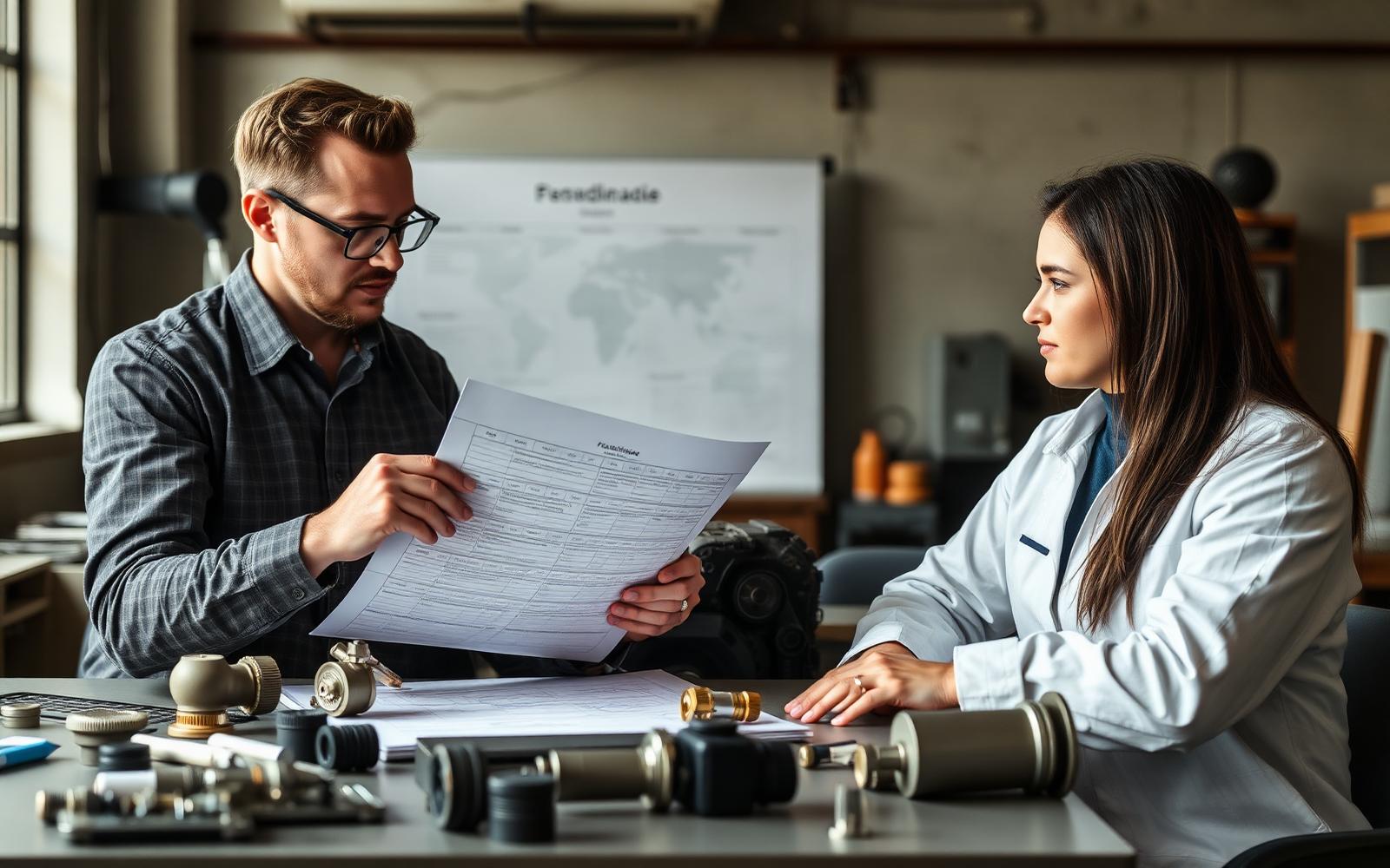 Project manager and engineer reviewing a new product development schedule beside prototype parts