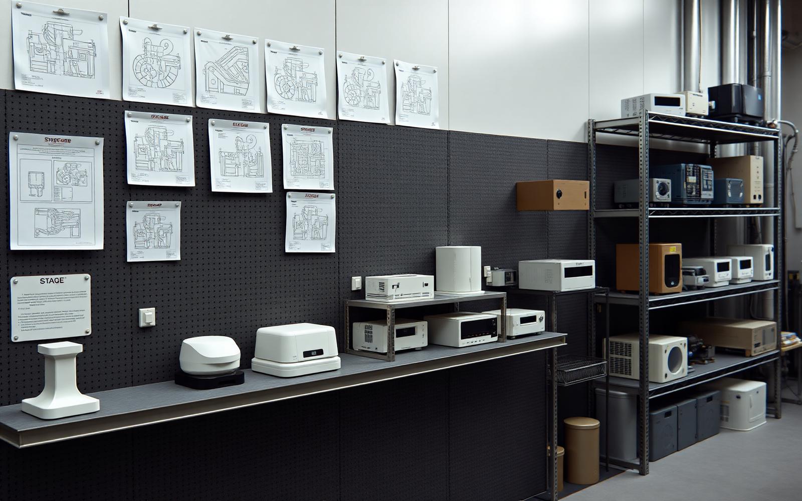 Development wall with pinned CAD prints and a shelf of prototypes arranged from foam model to production unit