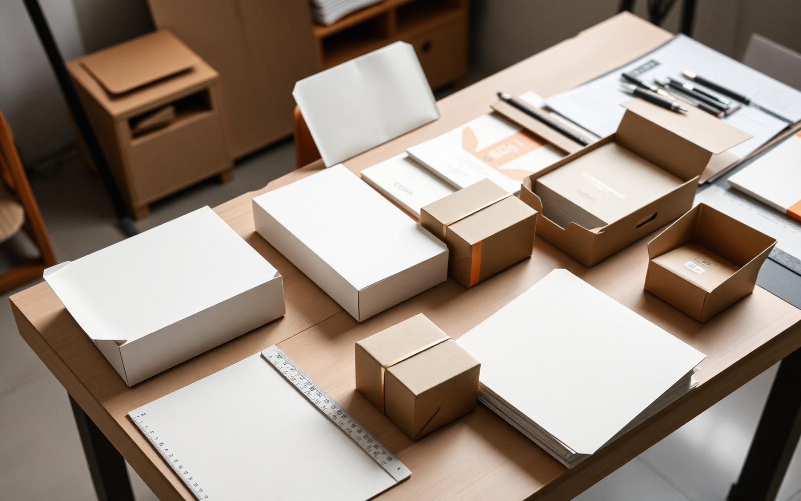 Packaging engineering bench with die-cut corrugated mockups, white board structural models and hand-cut dielines laid out for review