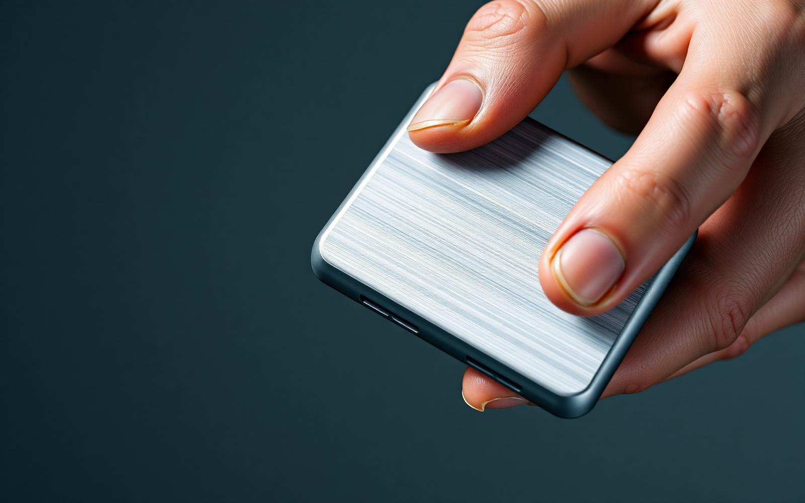 Hands holding an unbranded anodized aluminum device with a brushed textured surface
