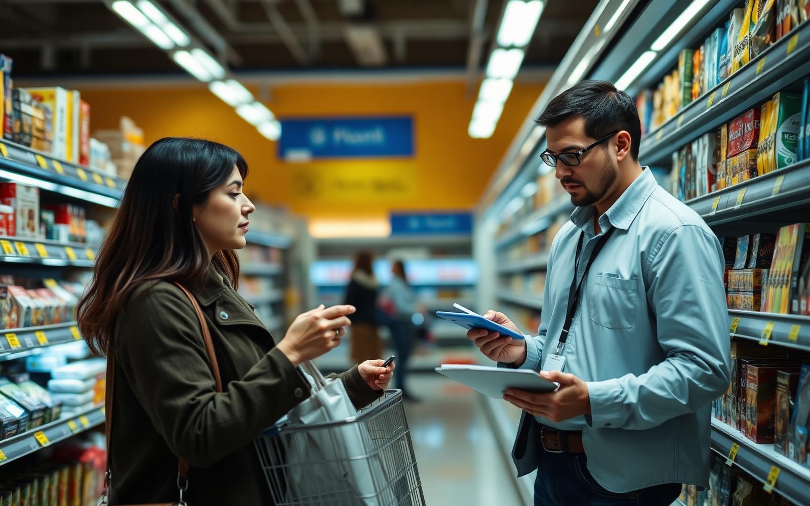 Researcher observing a shopper testing a new consumer product in a retail aisle