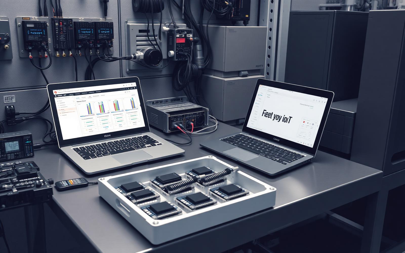 Connected hardware modules laid out on a service bench next to laptops showing a fleet management dashboard