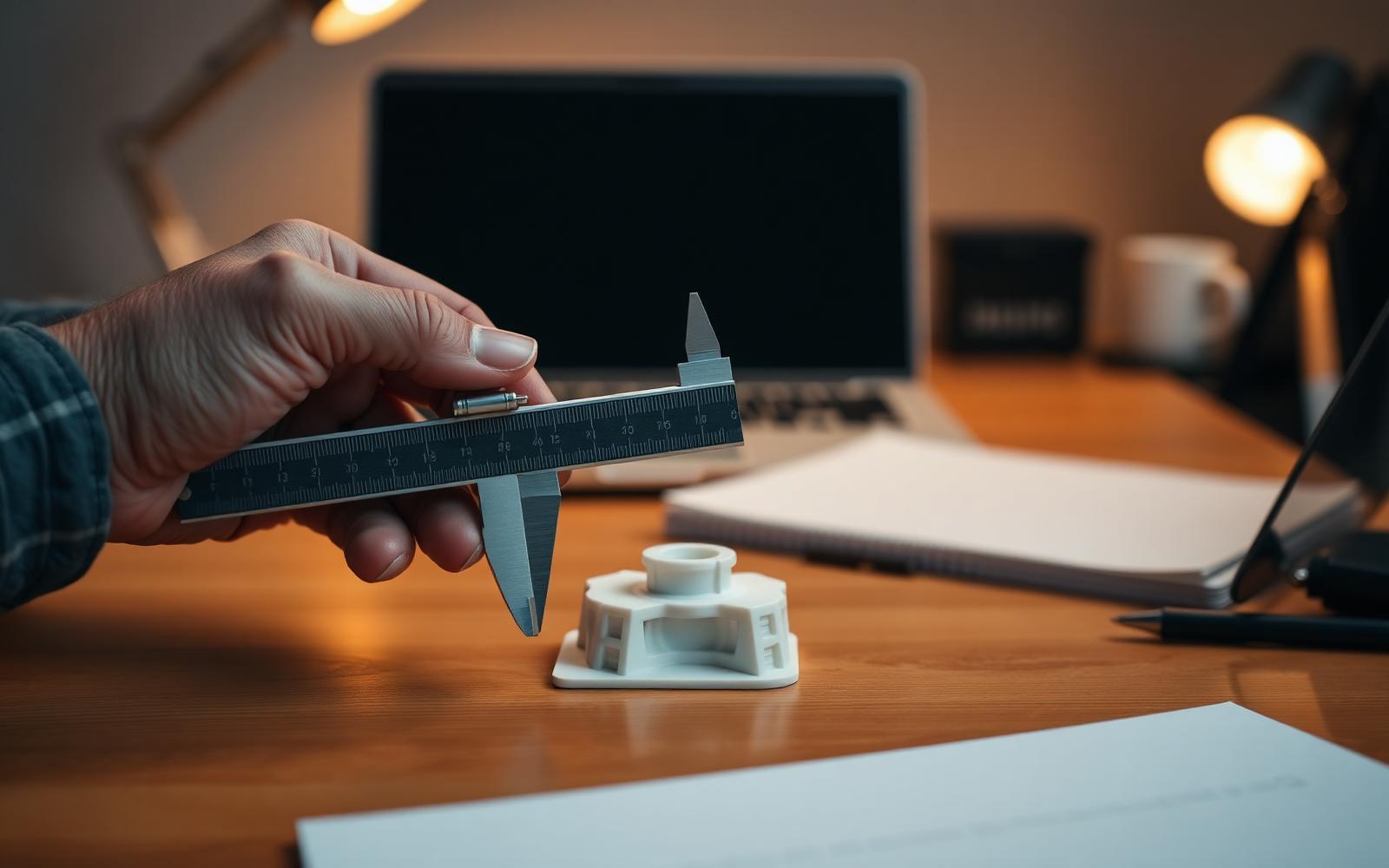 Engineer measuring a 3D printed part with calipers beside a blank notepad
