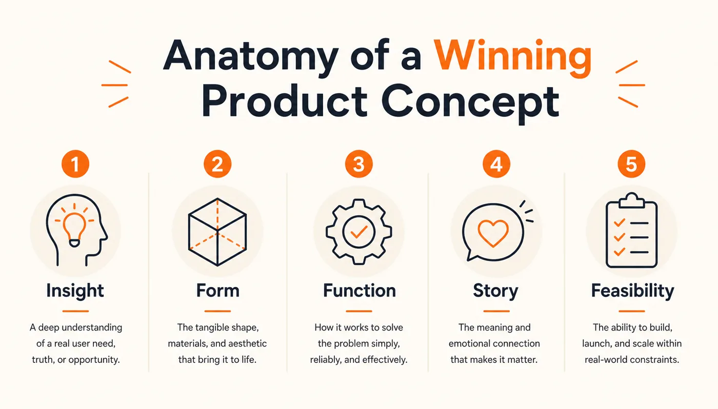 Infographic showing the five parts of a winning product concept: insight, form, function, story and feasibility