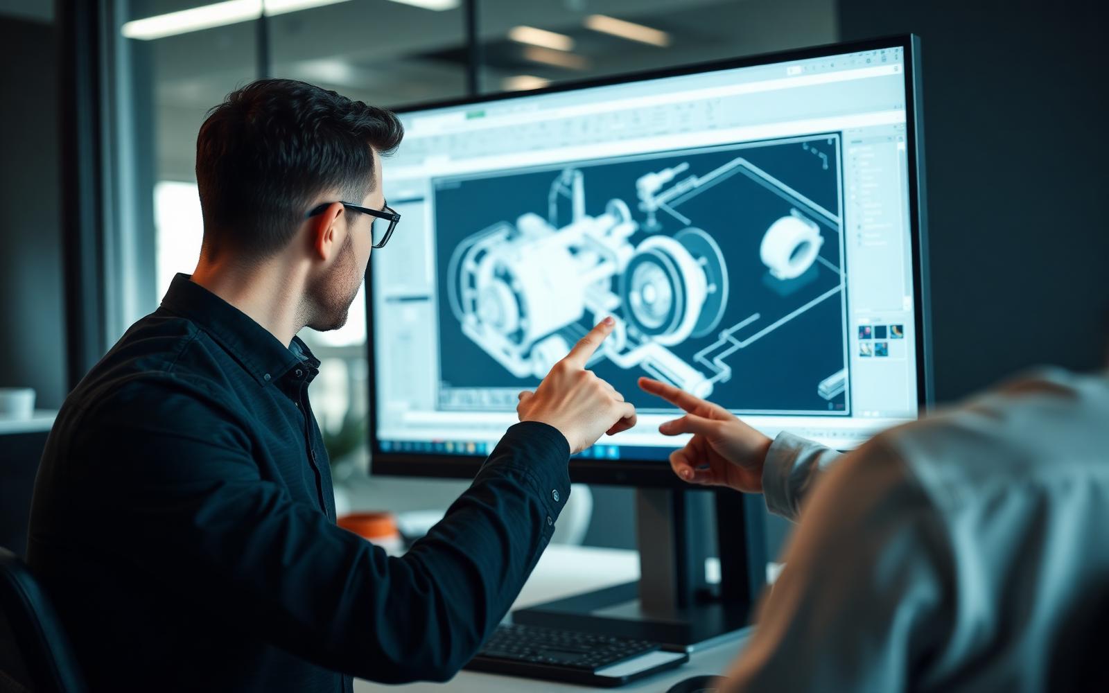 Product development consultant reviewing a CAD assembly on a monitor with a manufacturing client