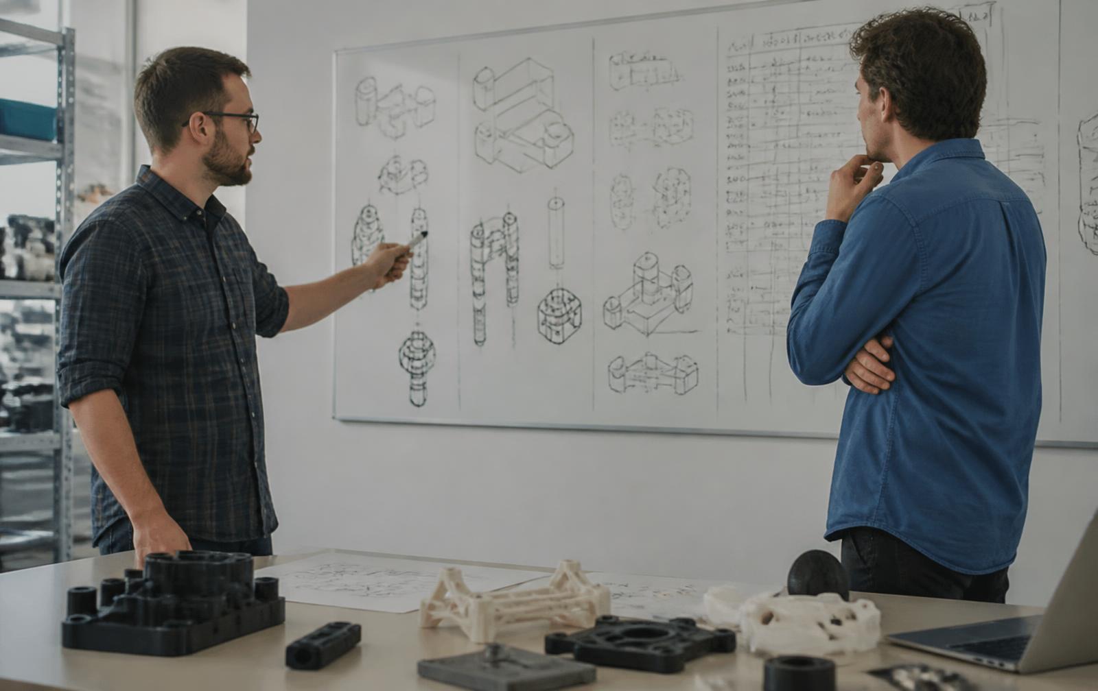 Two engineers reviewing product requirements and concept sketches on a whiteboard with prototype parts on the table