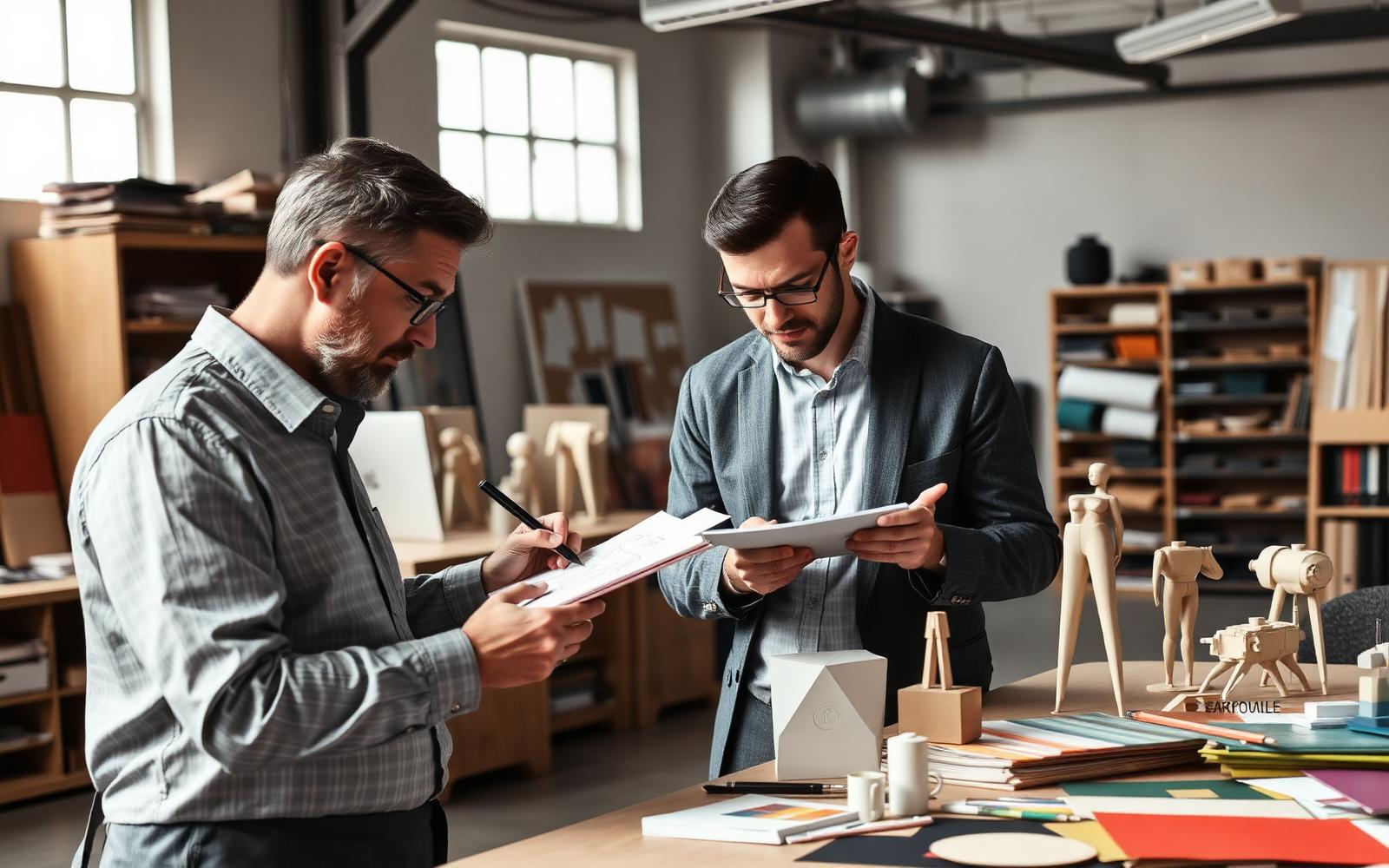 Product design consultant sketching concepts beside physical form models and color material samples in a studio