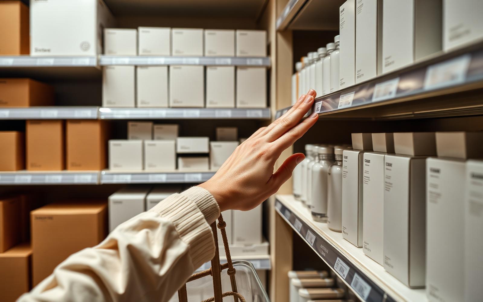 Shopper reaching for a well-designed consumer product on a retail shelf among competing packages