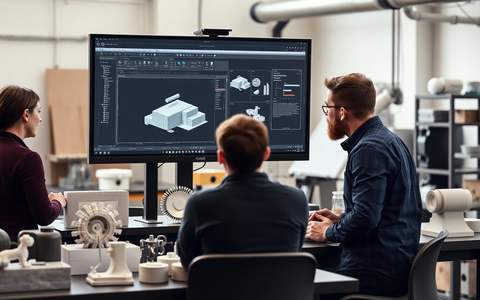 Industrial designers reviewing CAD on a large monitor beside foam models and 3D printed parts