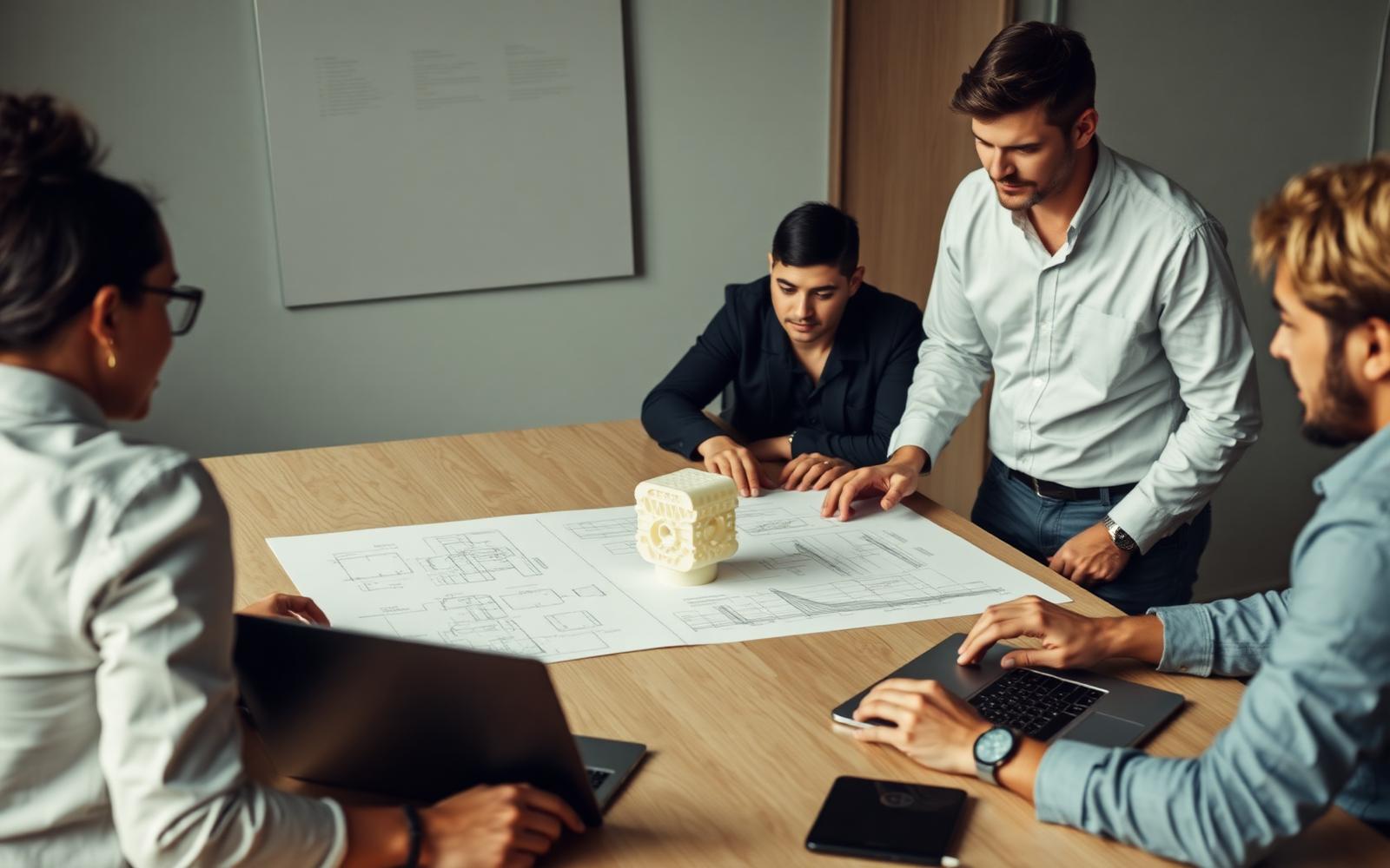 Product development team standing around a conference table reviewing engineering drawings next to a white 3D printed prototype