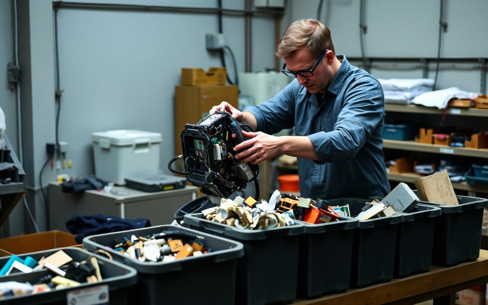 Technician disassembling a product into sorted material bins on a workbench