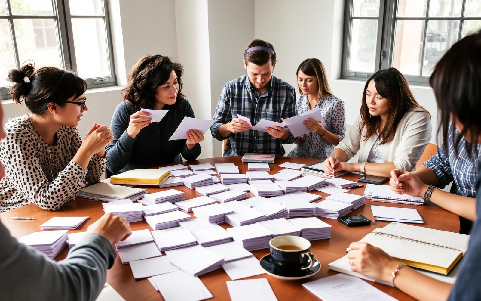 Product team sorting blank index cards across a table during a discovery workshop