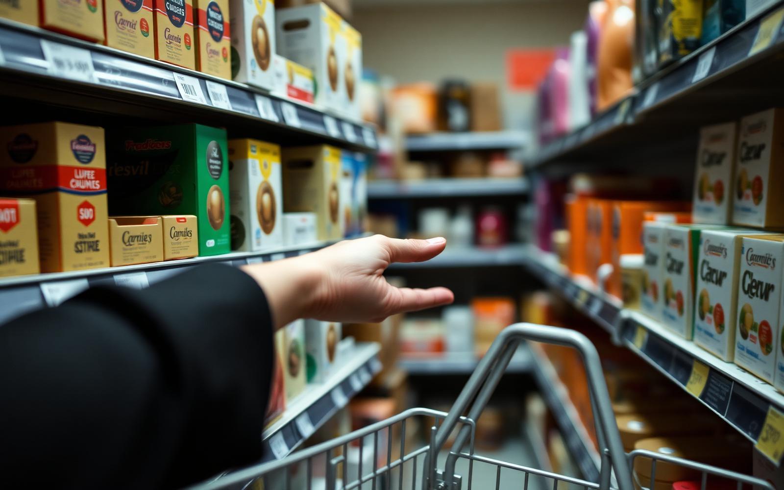 Shopper reaching for a boxed consumer product on a retail shelf
