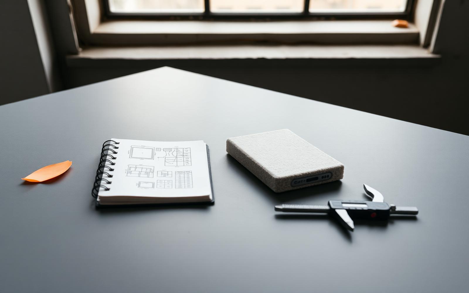 A rough foam and 3D-printed mockup of a handheld device next to a sketchbook and digital calipers on a workbench, used to validate a product idea