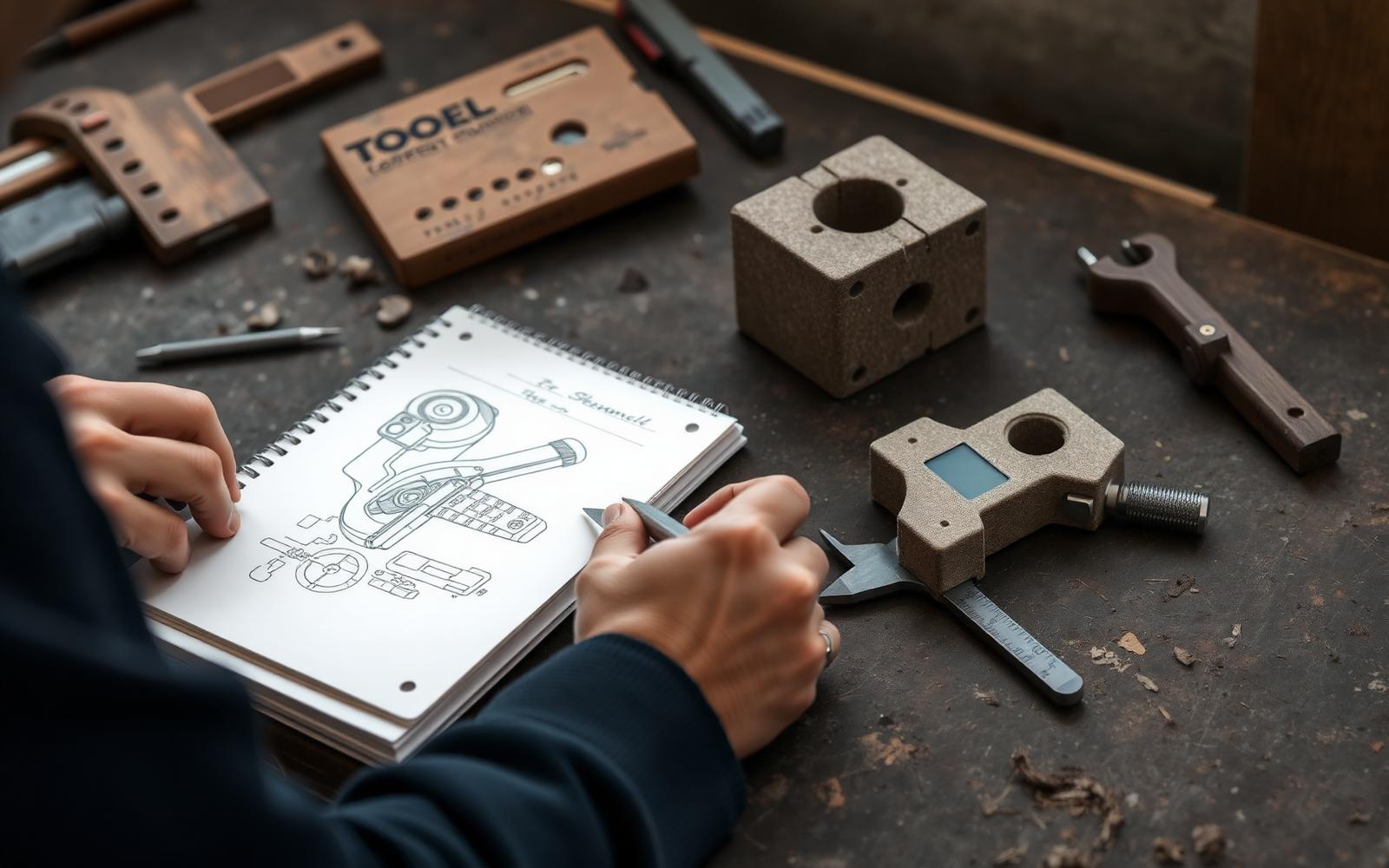 Inventor sketching a tool concept next to a foam mockup and calipers