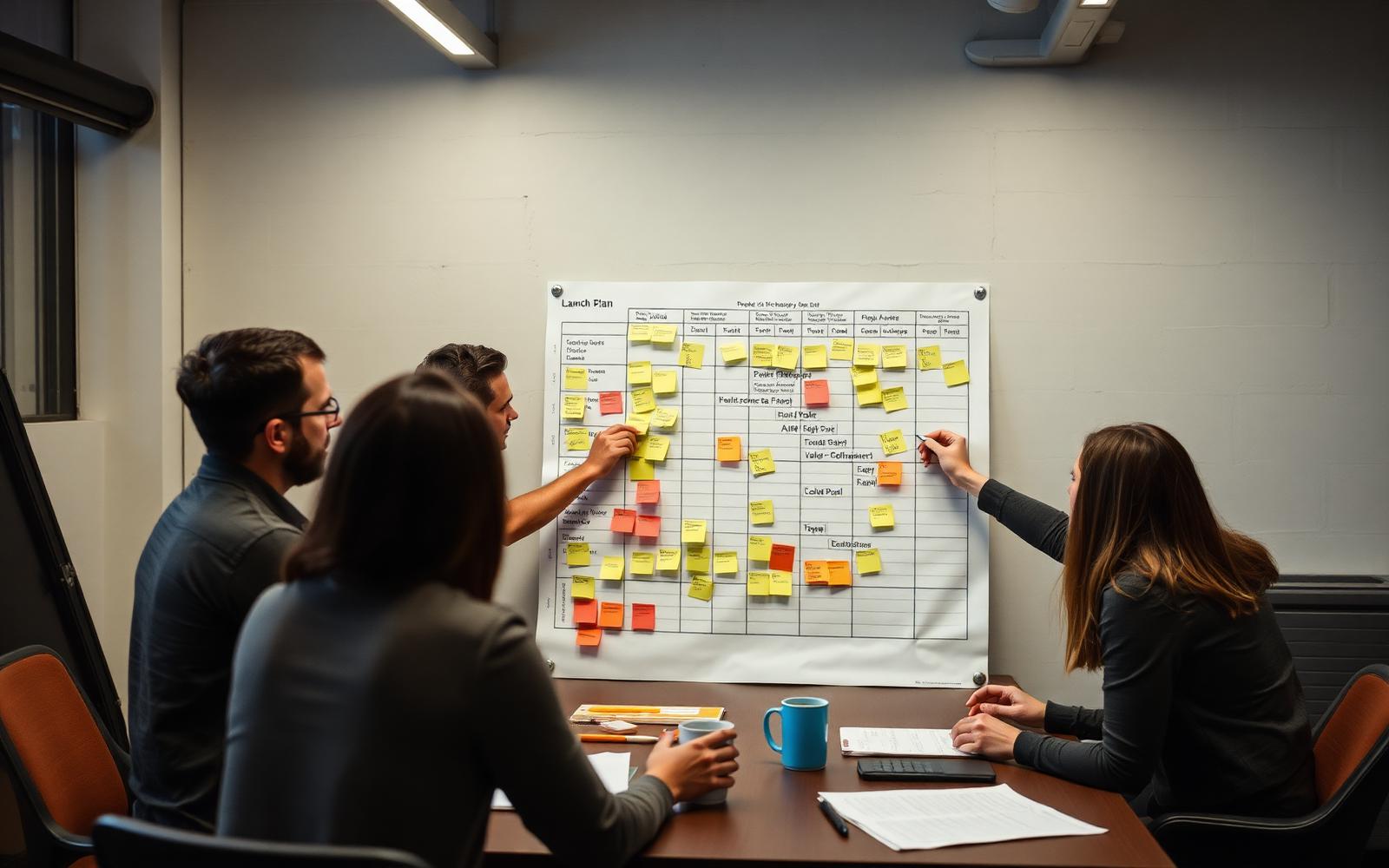 Product team mapping a launch plan with sticky notes on a printed schedule board