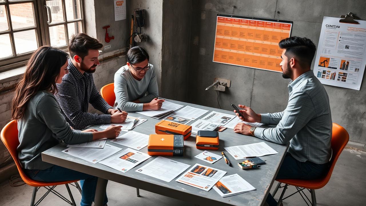 Product team planning a launch around a table with printed sell sheets, packaging mockups and a wall calendar