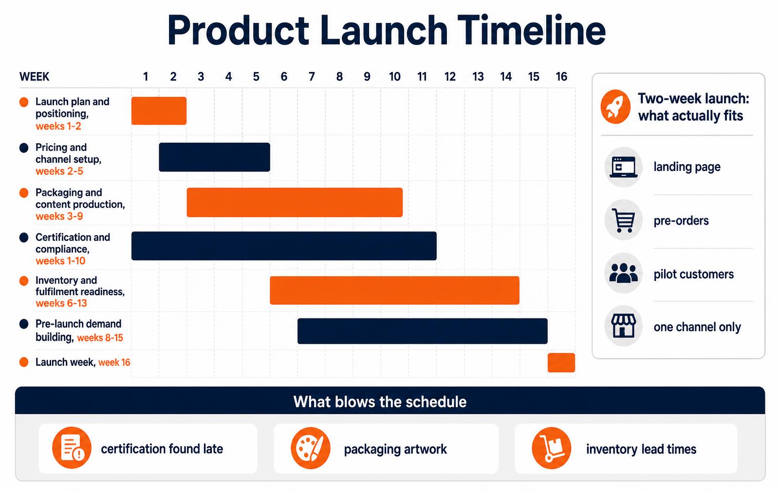 Gantt chart of a 16-week product launch timeline covering launch planning, pricing, packaging, certification, inventory readiness, pre-launch demand building and launch week
