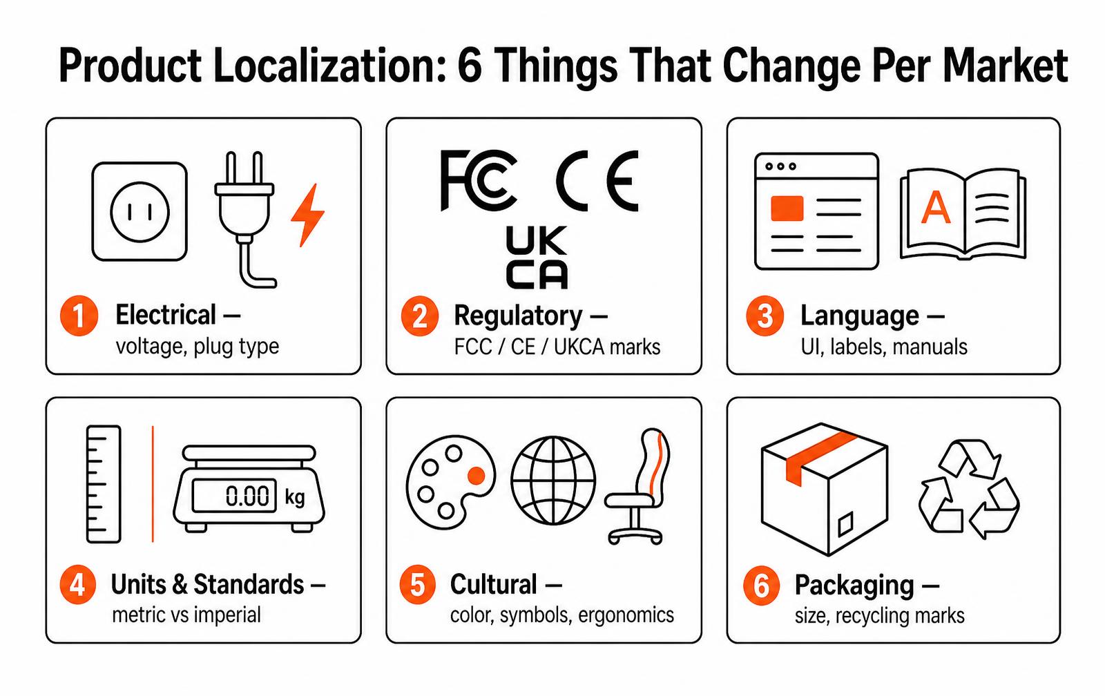 Six product localization factors: electrical, regulatory, language, units and standards, cultural, and packaging