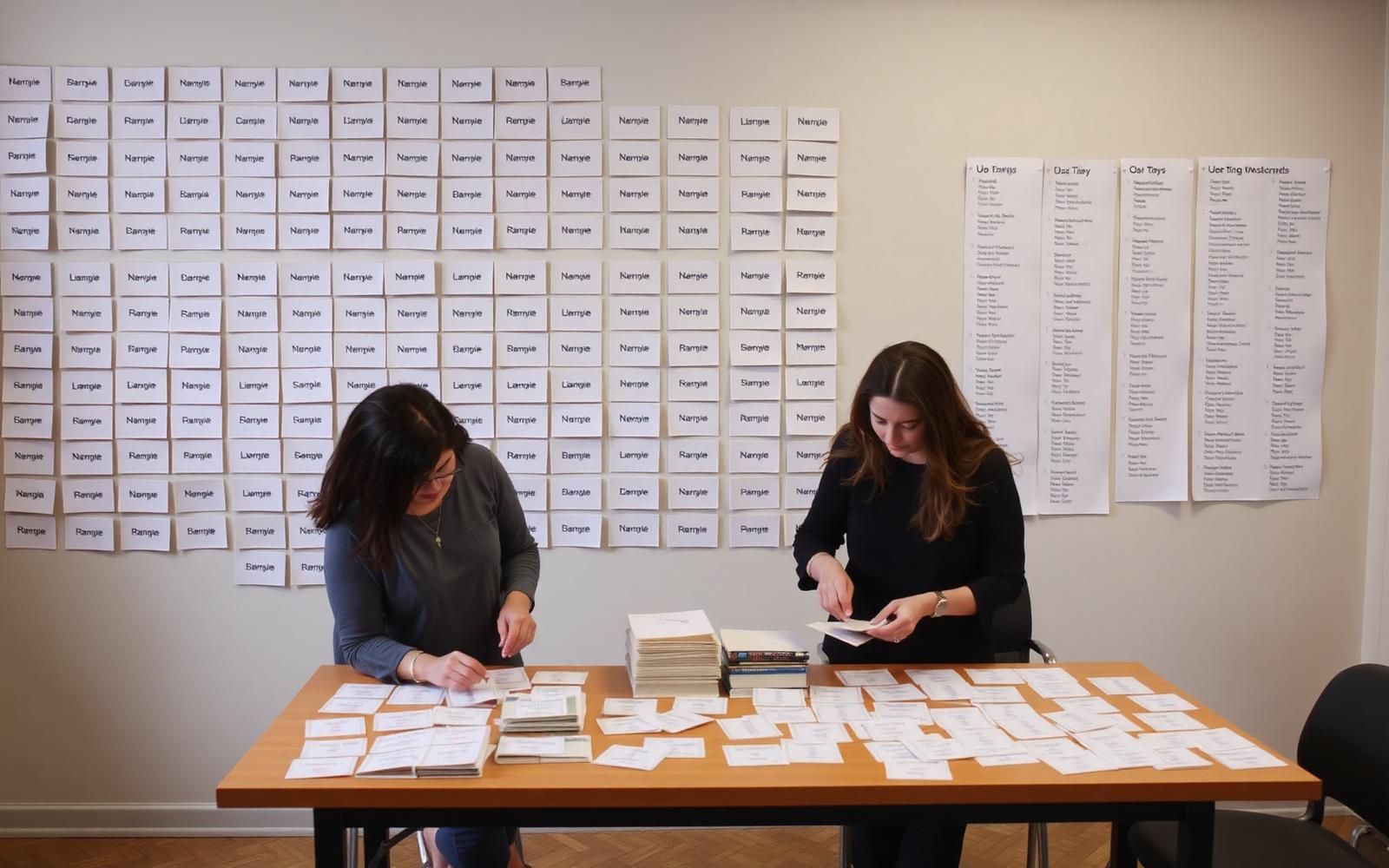 Two people sorting printed name candidate cards on a table in front of a wall covered with candidate name cards