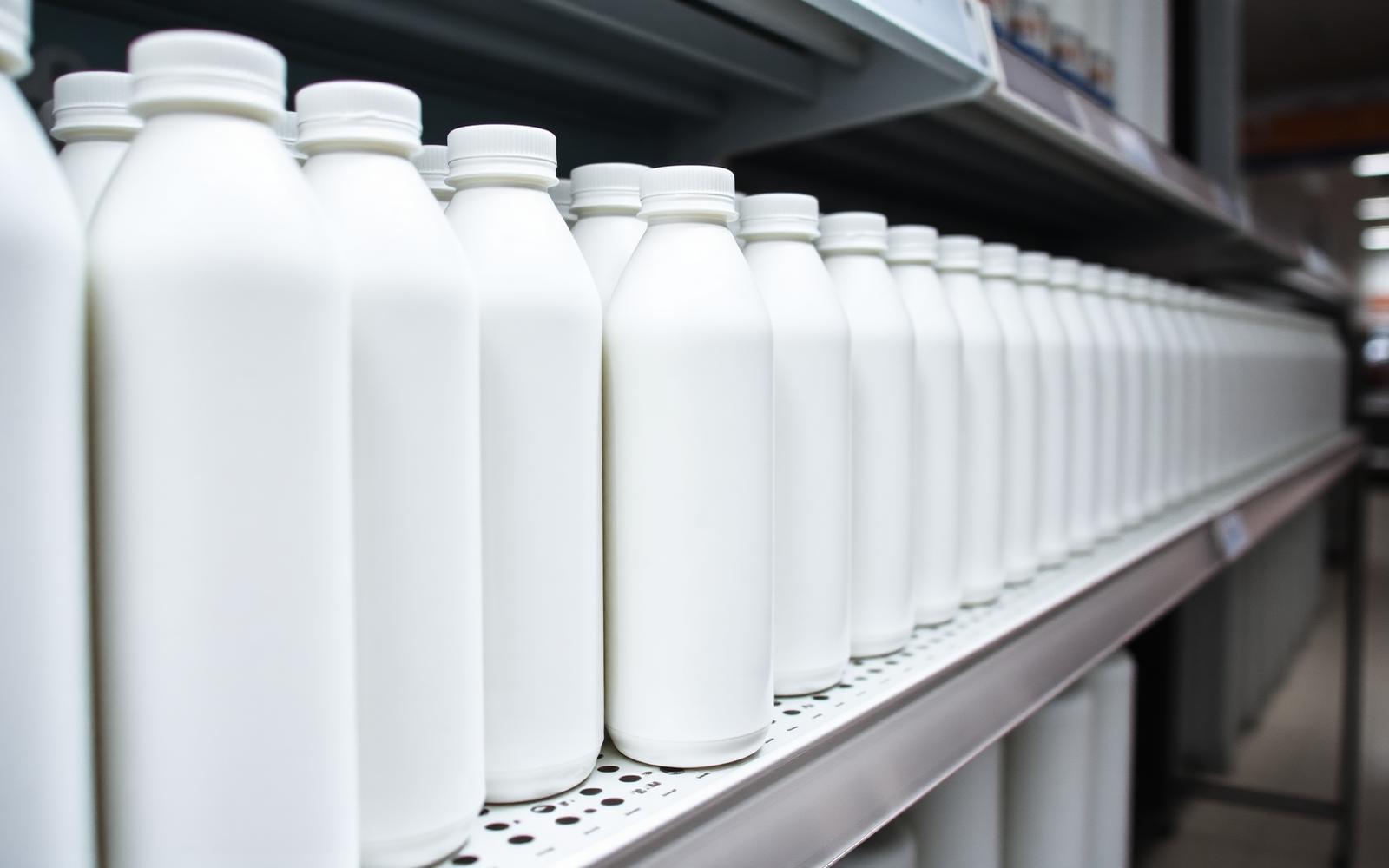 Row of identical unlabeled white plastic bottles on a retail shelf