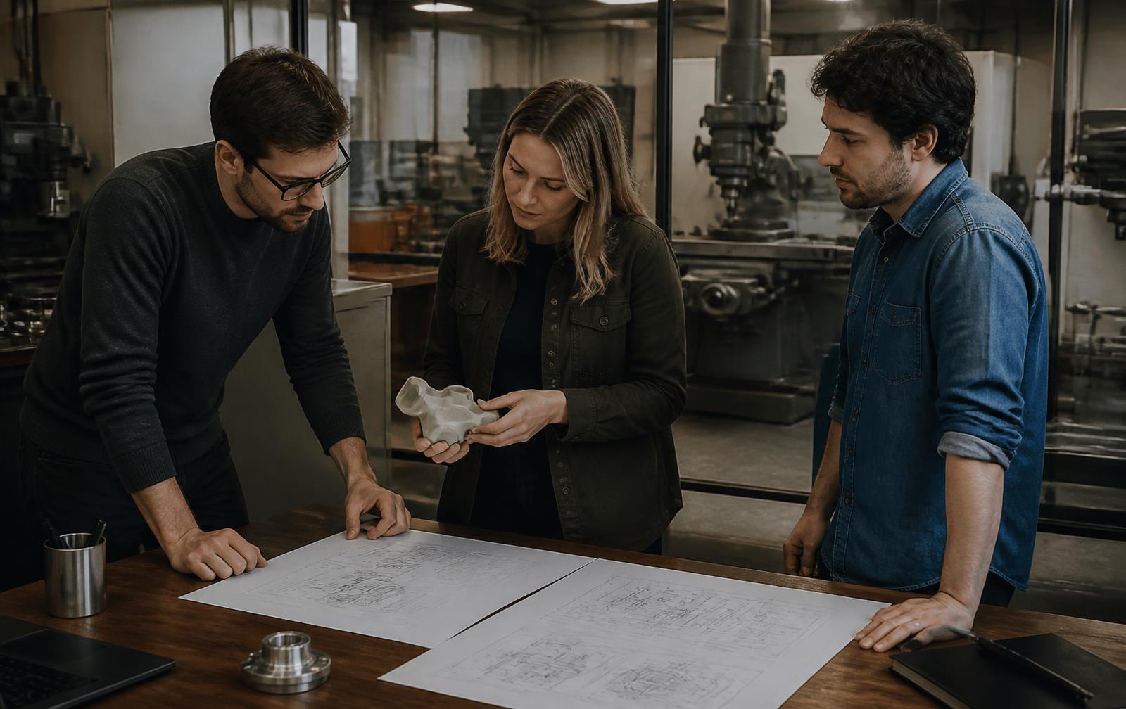 Engineering team reviewing a prototype and drawings while developing a new product for their business