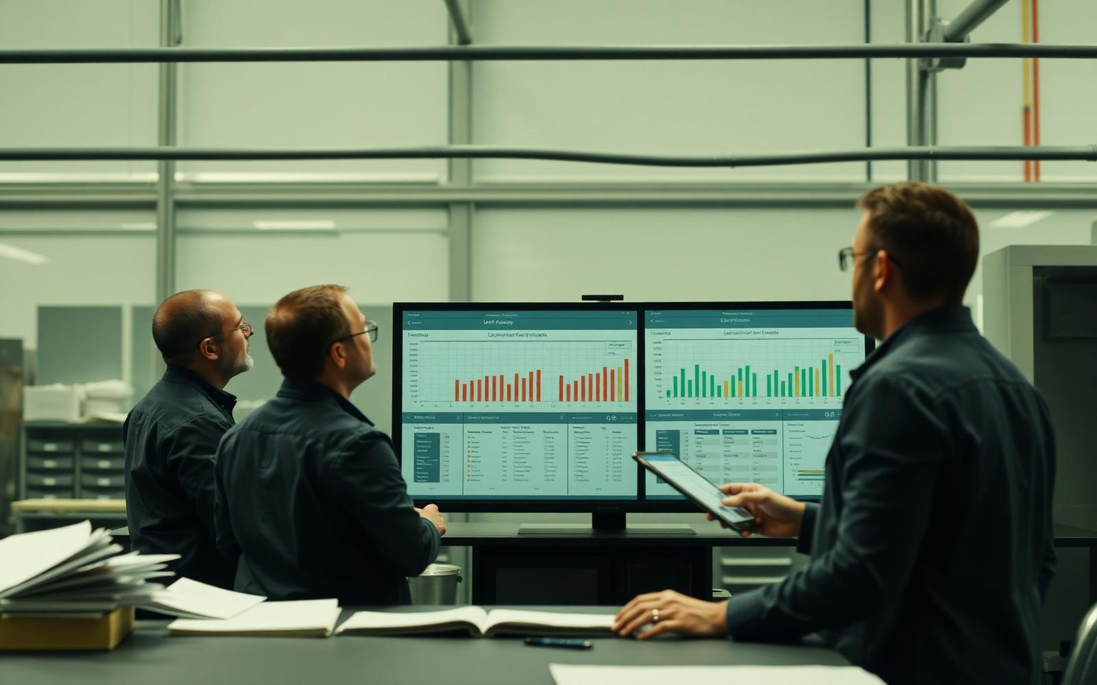 Operations team reviewing production volume and capacity charts in a manufacturing office