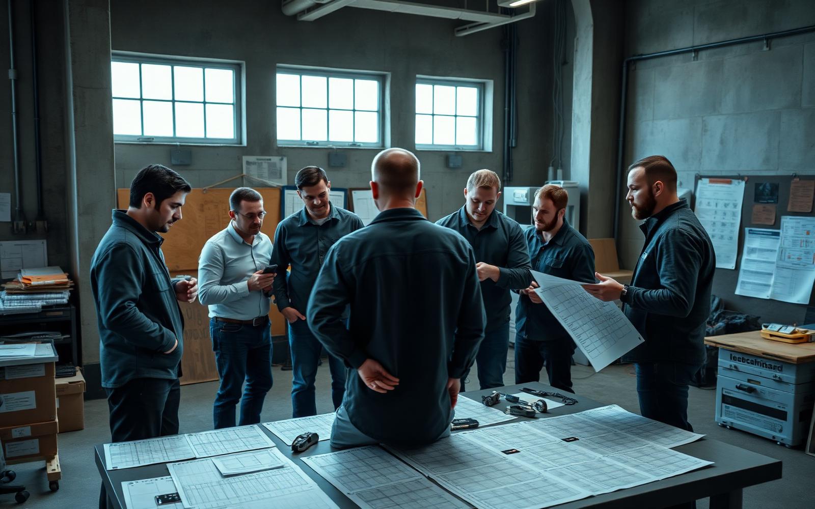 Engineering team gathered around a table of prototype iterations and printed schedules in an industrial project room