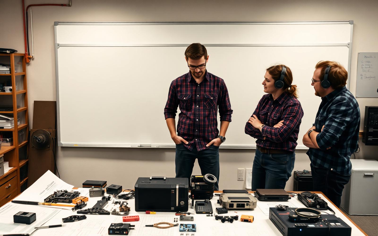 Product development team reviewing prototype hardware and open program issues