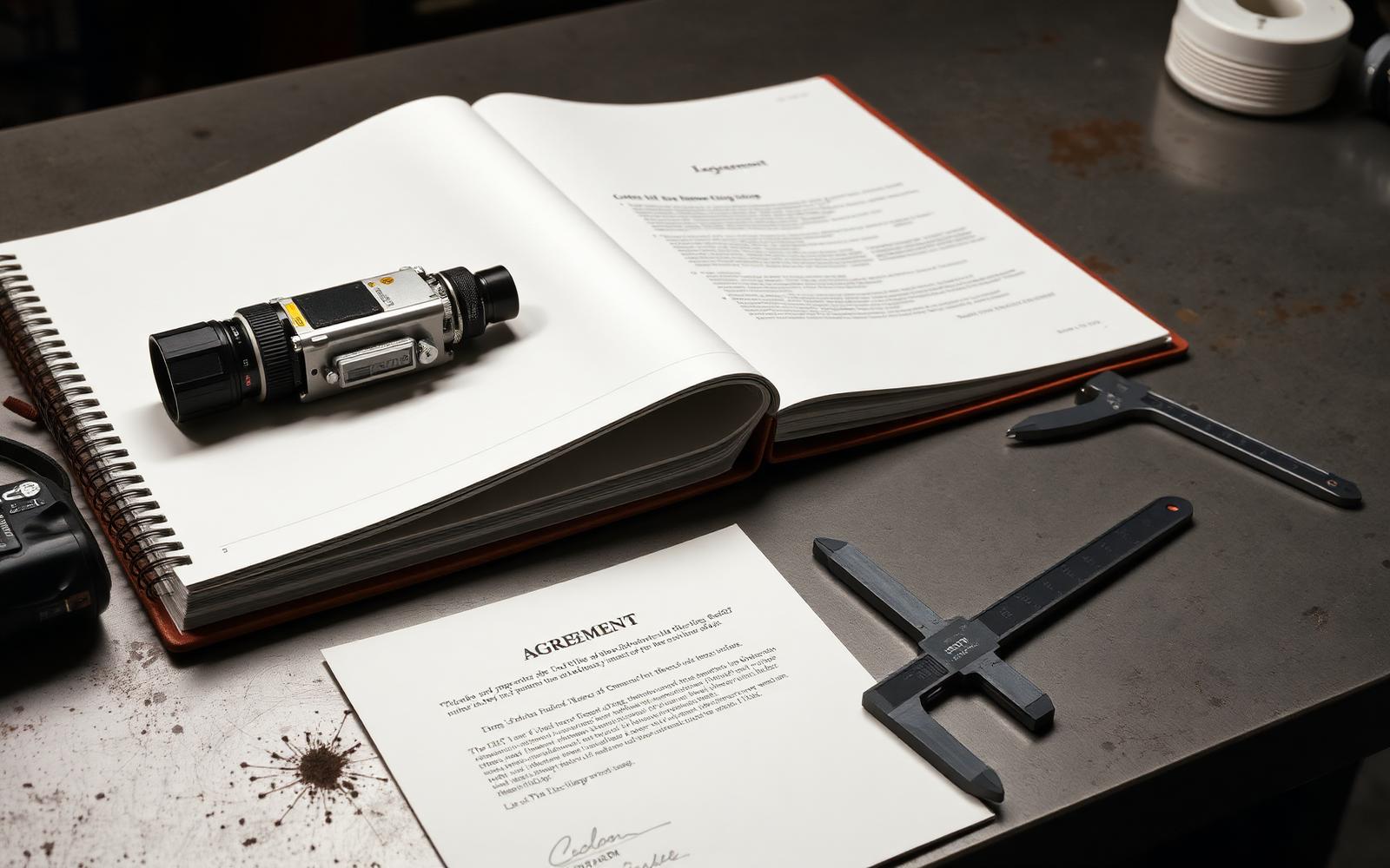 Prototype device beside a dated engineering logbook and a signed agreement