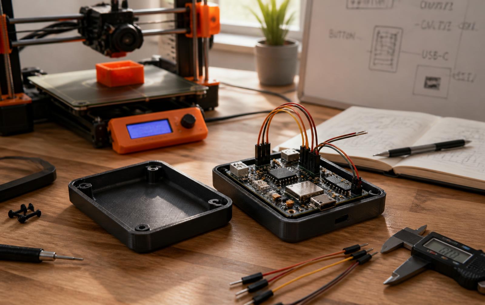 Prototype build bench with a 3D printed enclosure, a populated custom PCB, calipers and a running desktop 3D printer