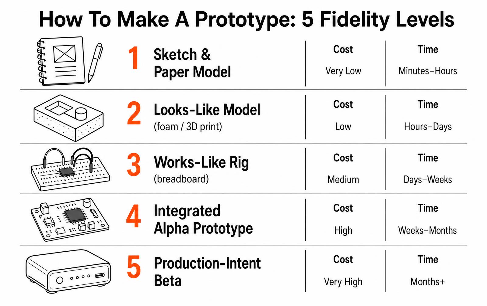 Five prototype fidelity levels from sketch and paper model to production-intent beta with cost and time