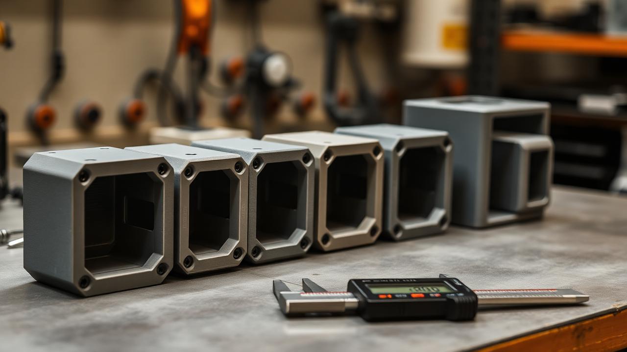 Several 3D-printed iterations of the same enclosure lined up on a workbench from rough draft print to smooth finished part, with digital calipers